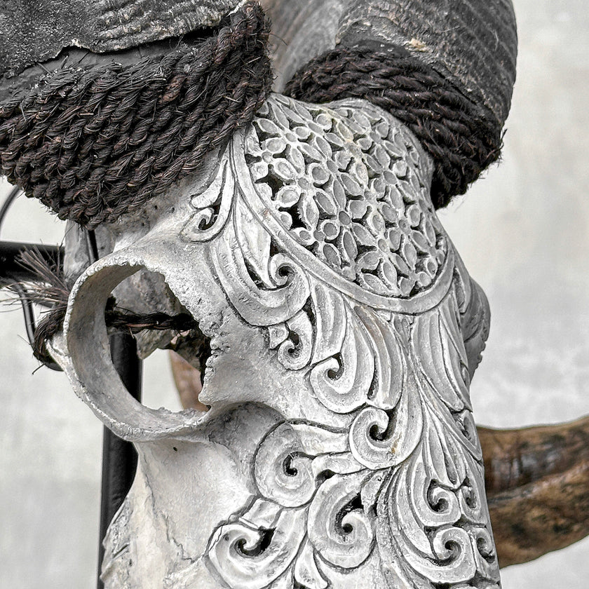 Carved Ram Skull with Flower Of life motif on stand - Skull,A/158