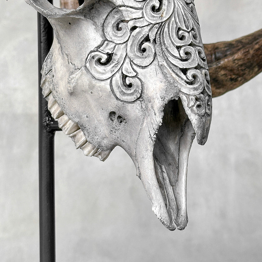 Carved Ram Skull with Flower Of life motif on stand - Skull,A/158
