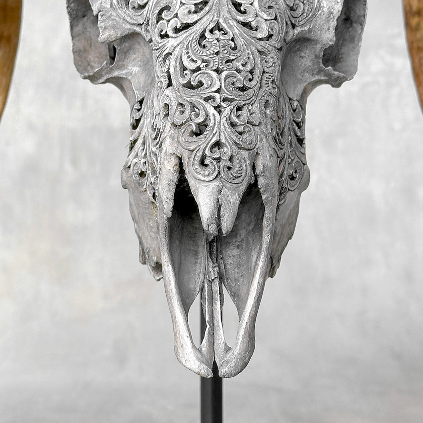 Carved Ram Skull with Tradbal motif on stand - Skull,A/159