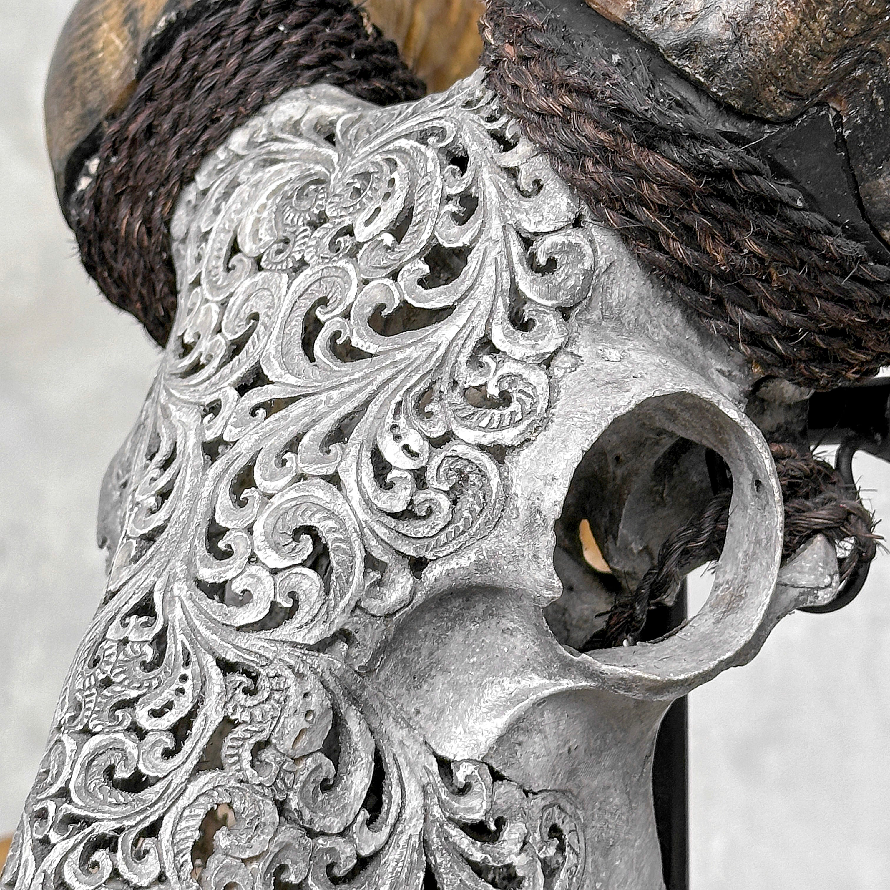 Carved Ram Skull with Tradbal motif on stand - Skull,A/159