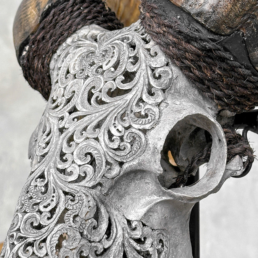 Carved Ram Skull with Tradbal motif on stand - Skull,A/159