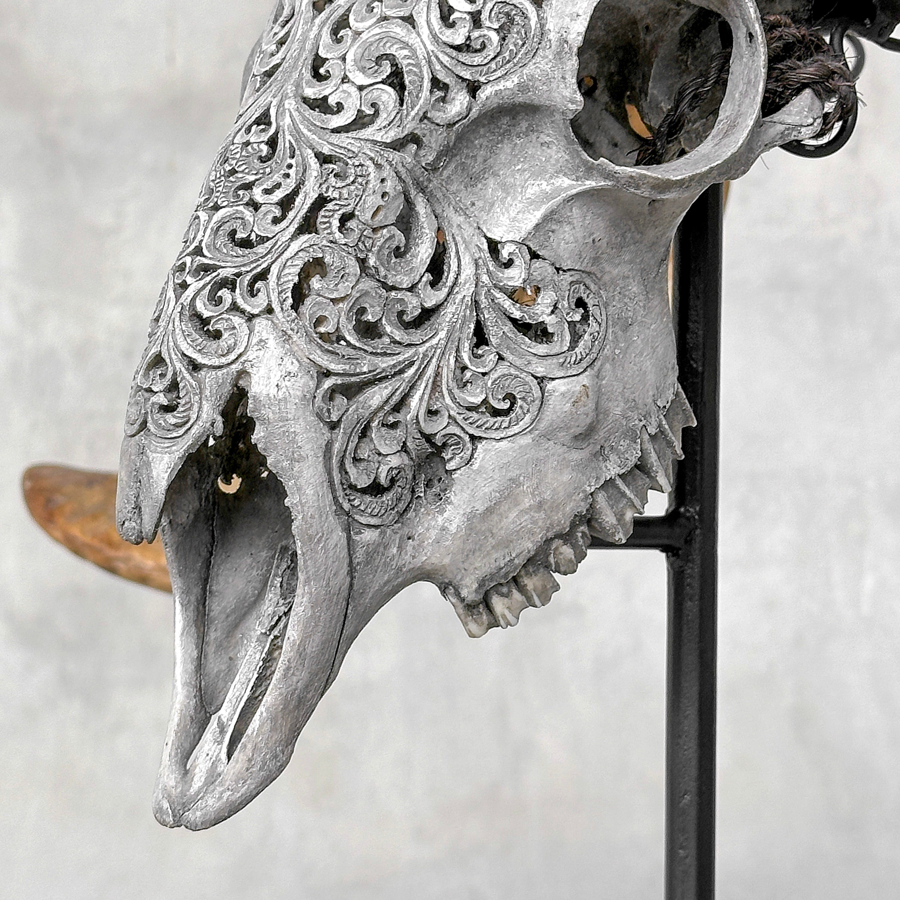 Carved Ram Skull with Tradbal motif on stand - Skull,A/159