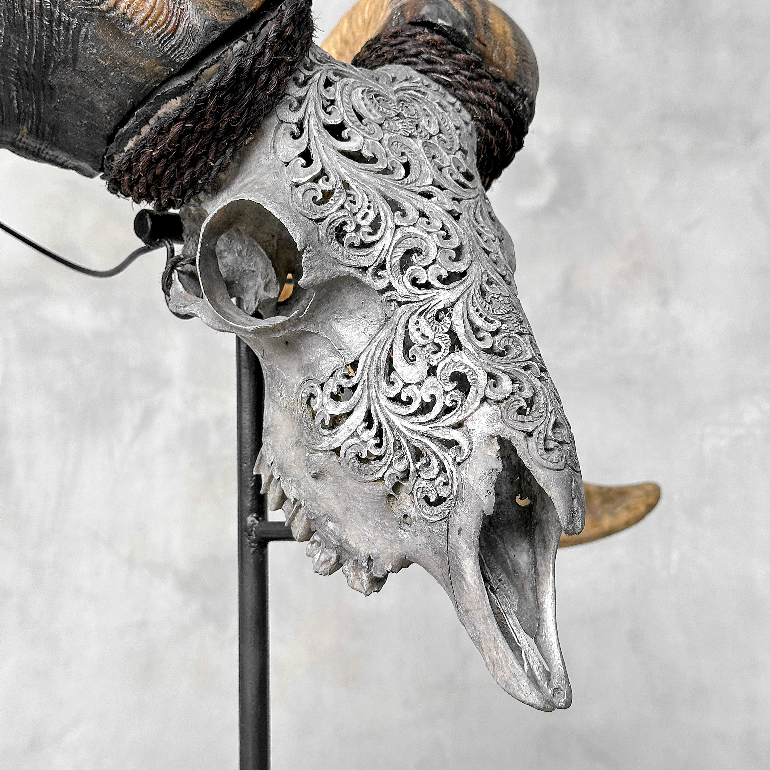 Carved Ram Skull with Tradbal motif on stand - Skull,A/159