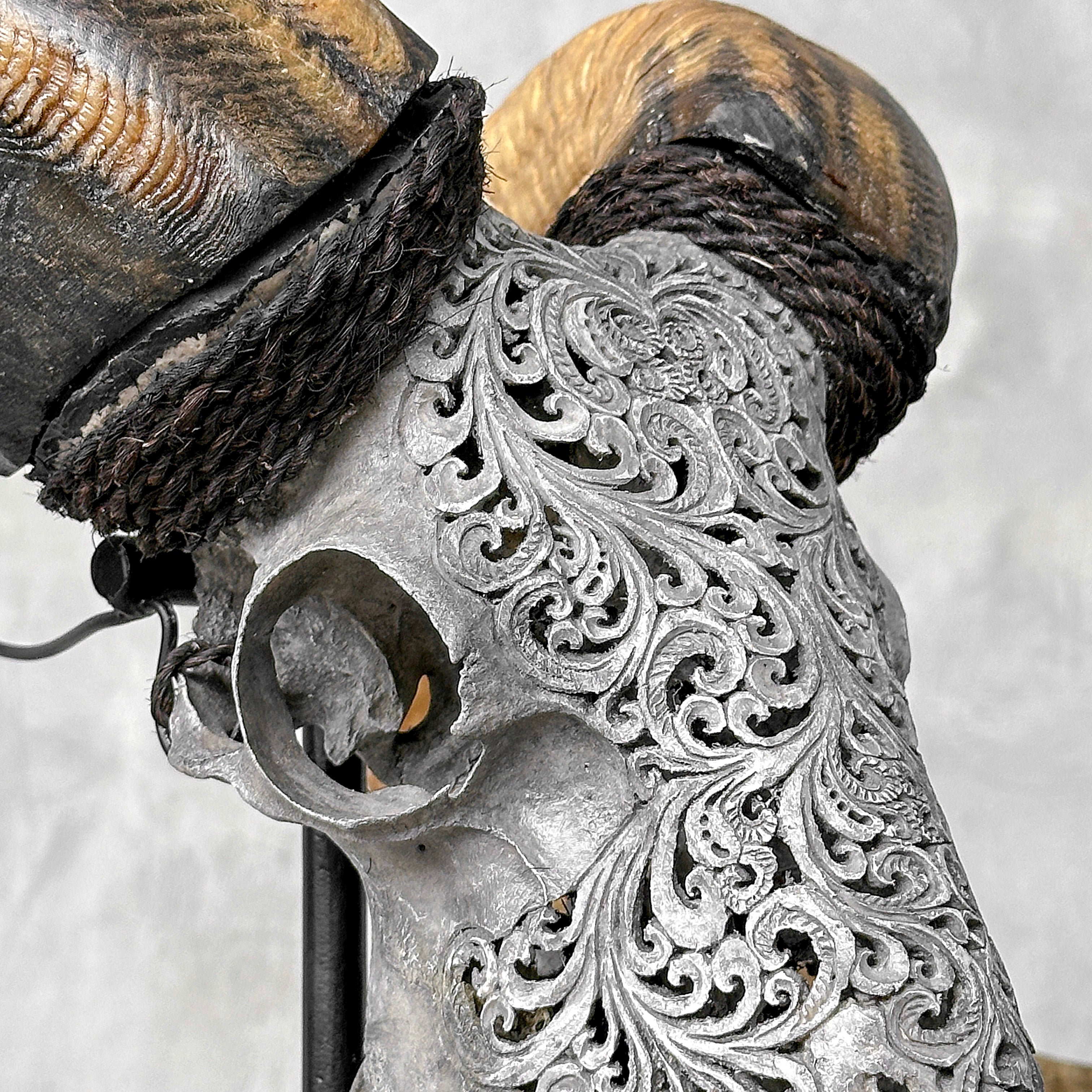 Carved Ram Skull with Tradbal motif on stand - Skull,A/159