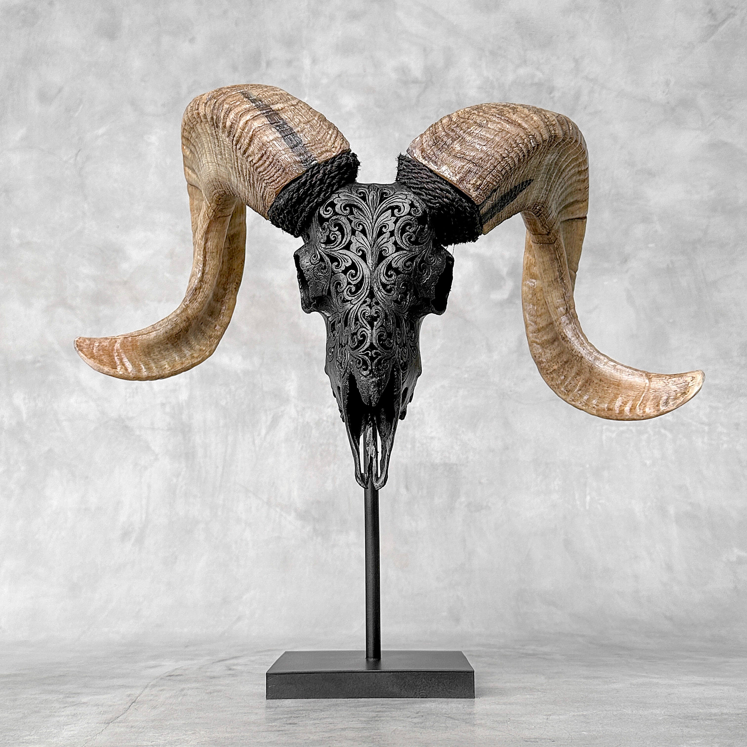 Carved Ram Skull with Tradbal motif on stand - Skull,A/157