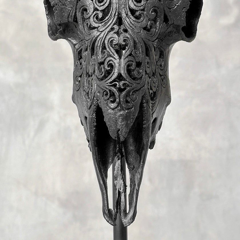 Carved Ram Skull with Tradbal motif on stand - Skull,A/157