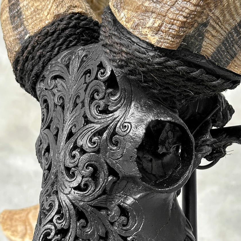 Carved Ram Skull with Tradbal motif on stand - Skull,A/157