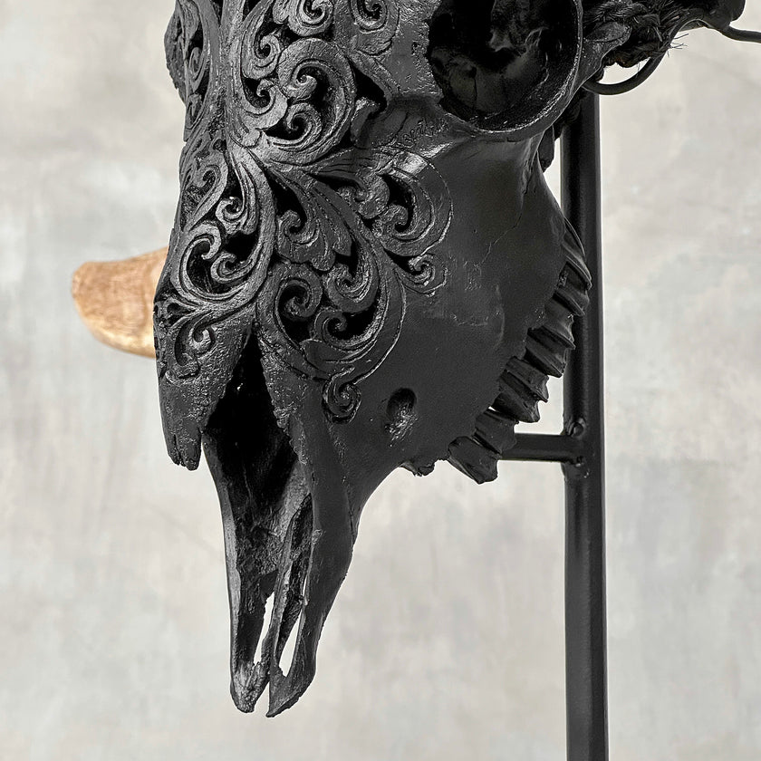 Carved Ram Skull with Tradbal motif on stand - Skull,A/157