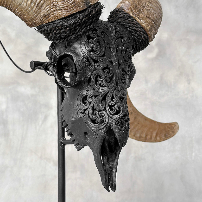 Carved Ram Skull with Tradbal motif on stand - Skull,A/157