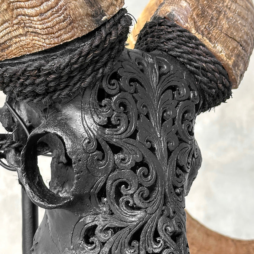 Carved Ram Skull with Tradbal motif on stand - Skull,A/157