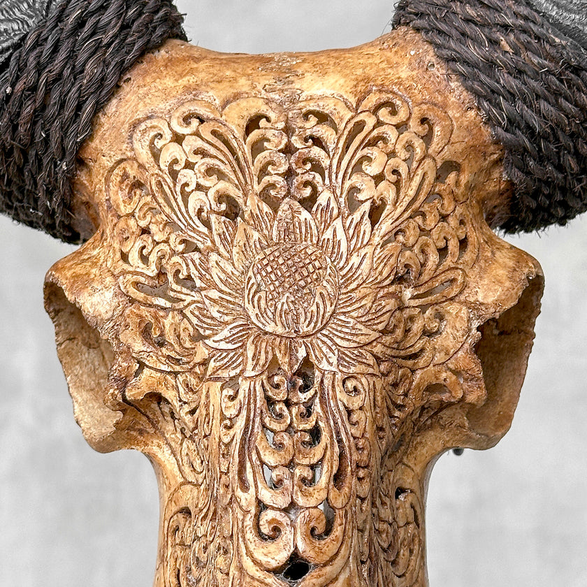 Carved Ram Skull with Big Lotus motif on stand - Skull,A/161