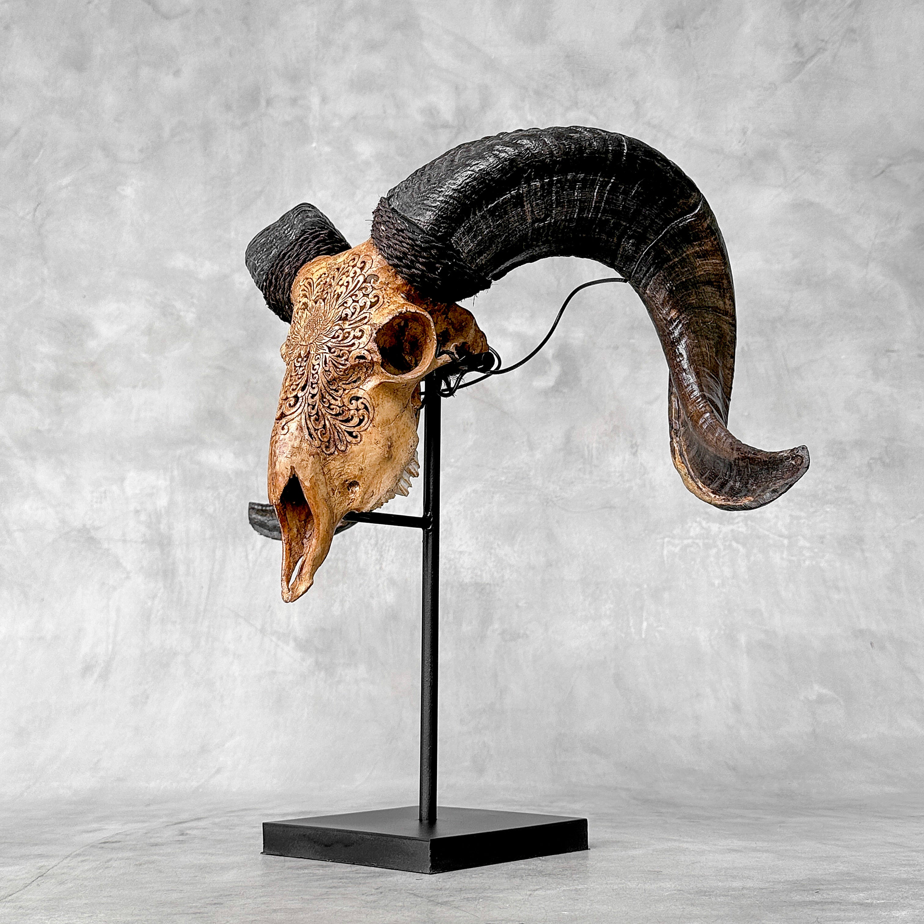 Carved Ram Skull with Big Lotus motif on stand - Skull,A/161