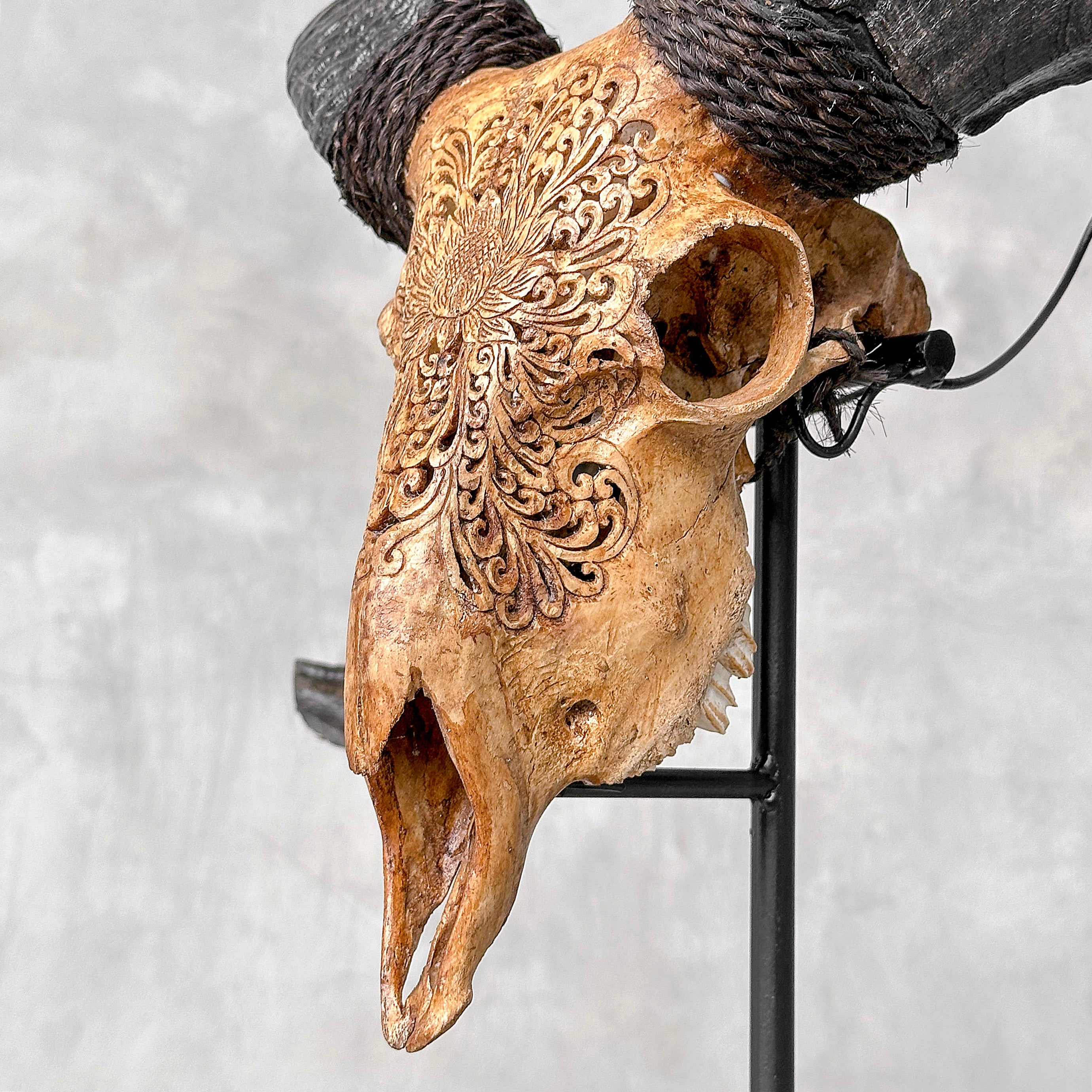 Carved Ram Skull with Big Lotus motif on stand - Skull,A/161