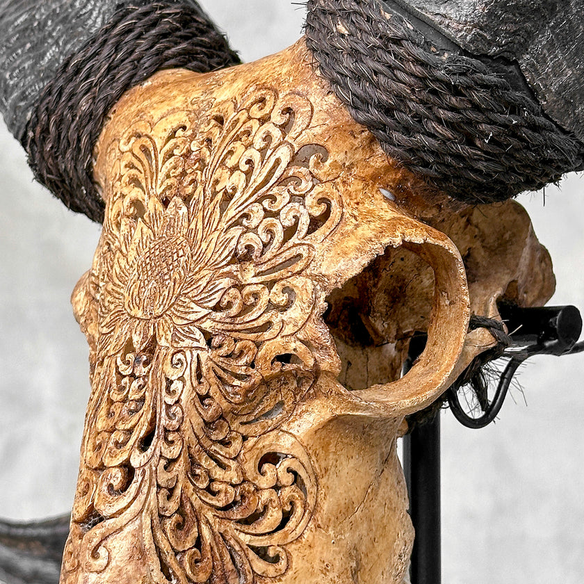 Carved Ram Skull with Big Lotus motif on stand - Skull,A/161