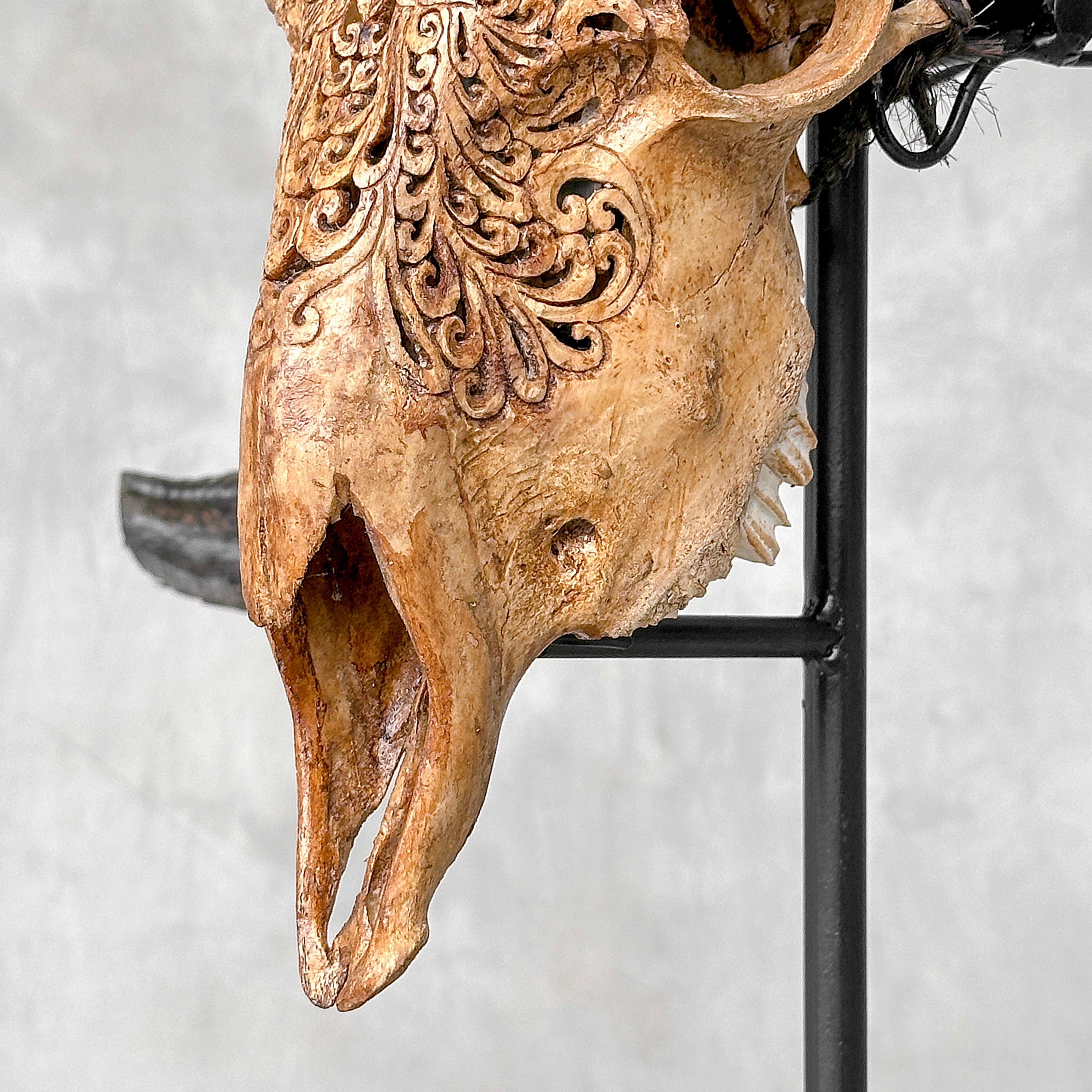 Carved Ram Skull with Big Lotus motif on stand - Skull,A/161