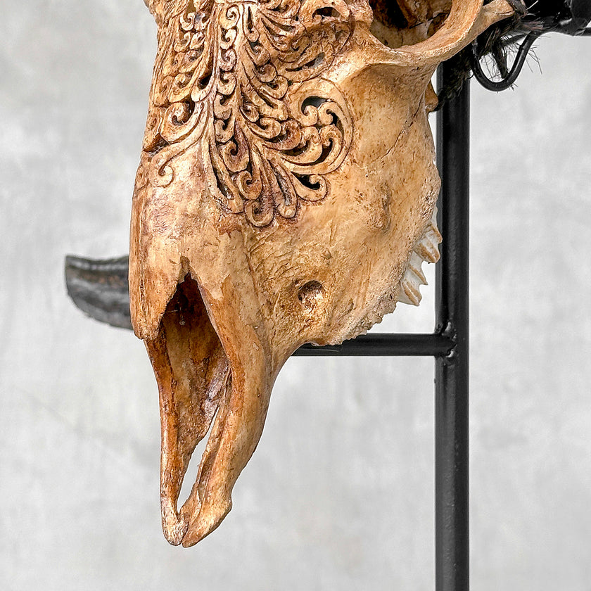 Carved Ram Skull with Big Lotus motif on stand - Skull,A/161