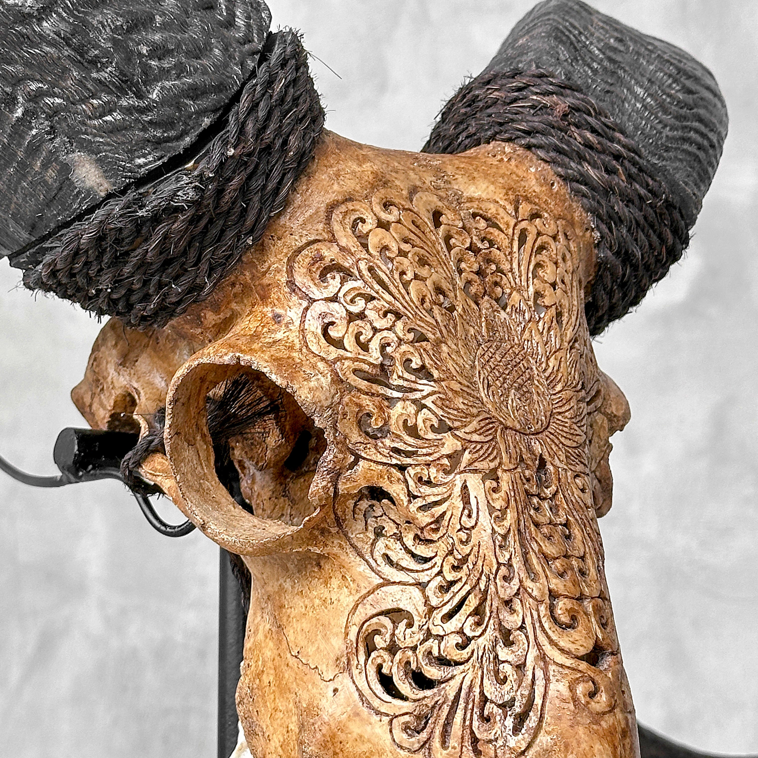 Carved Ram Skull with Big Lotus motif on stand - Skull,A/161