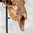 Brown Ram Skull Carved Horns with Star Mandala motif on stand - Skull,A/166