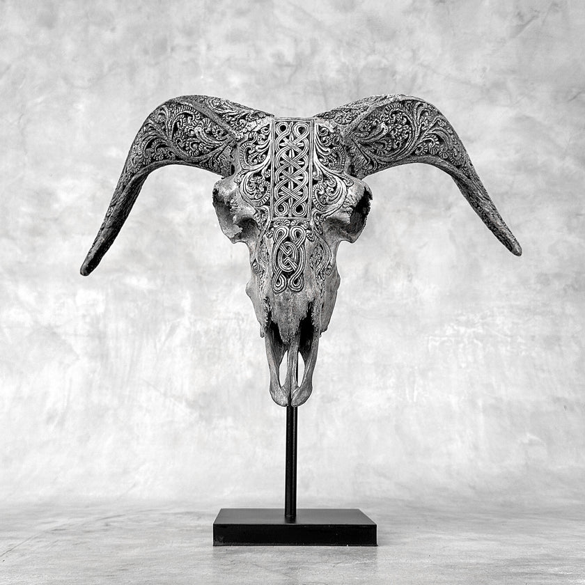 Grey Ram Skull Carved Horns with Infinity motif on stand - Skull,A/164