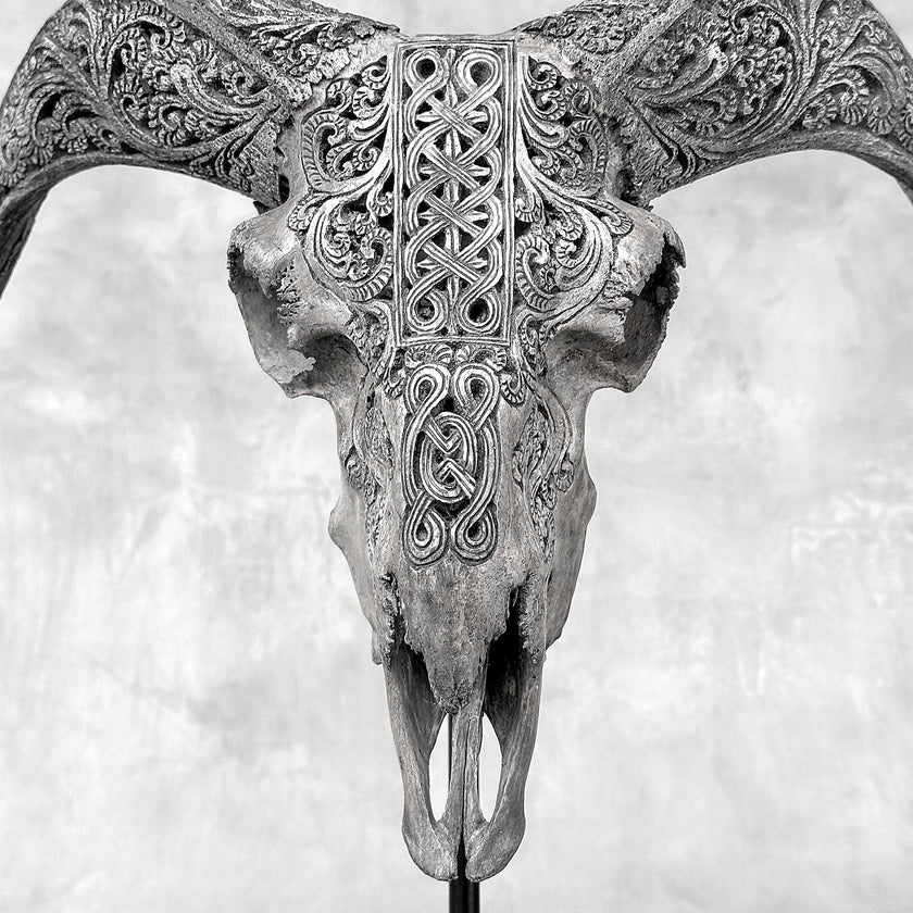Grey Ram Skull Carved Horns with Infinity motif on stand - Skull,A/164
