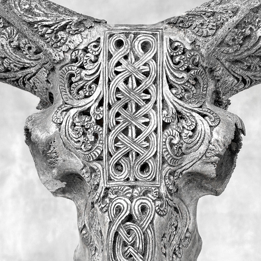 Grey Ram Skull Carved Horns with Infinity motif on stand - Skull,A/164