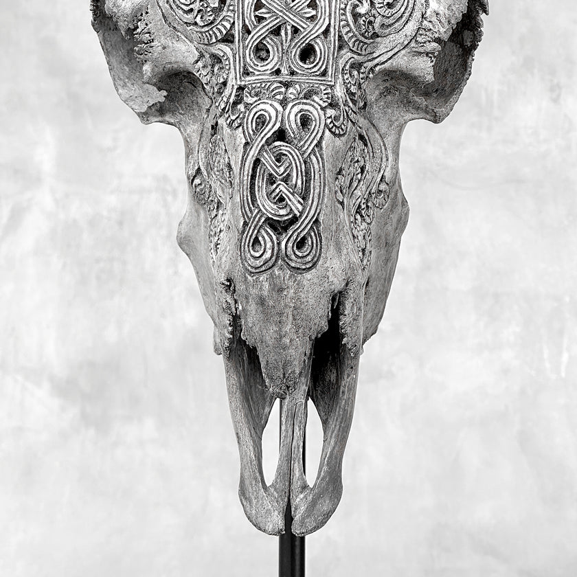 Grey Ram Skull Carved Horns with Infinity motif on stand - Skull,A/164