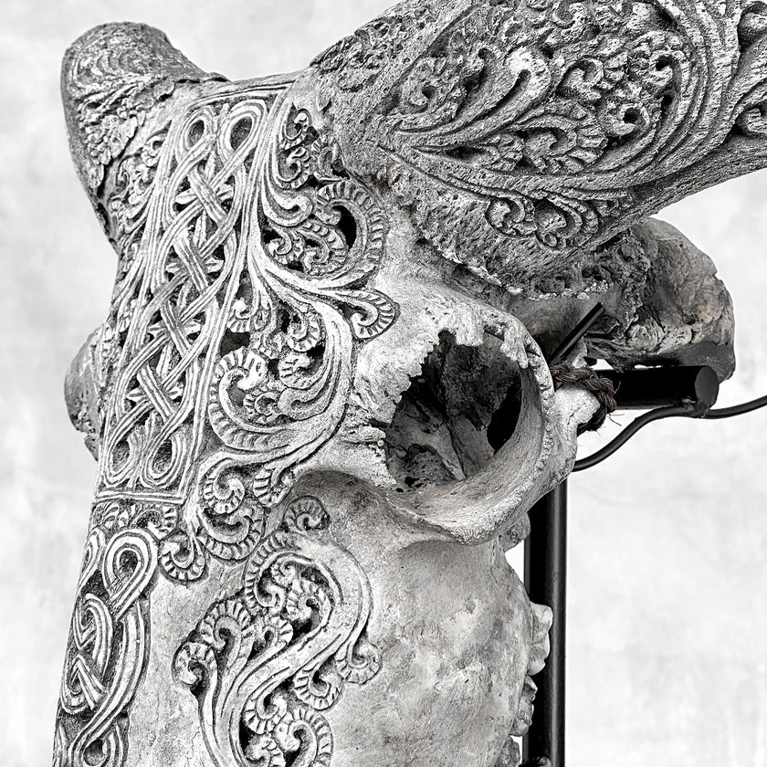 Grey Ram Skull Carved Horns with Infinity motif on stand - Skull,A/164