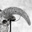 Grey Ram Skull Carved Horns with Infinity motif on stand - Skull,A/164