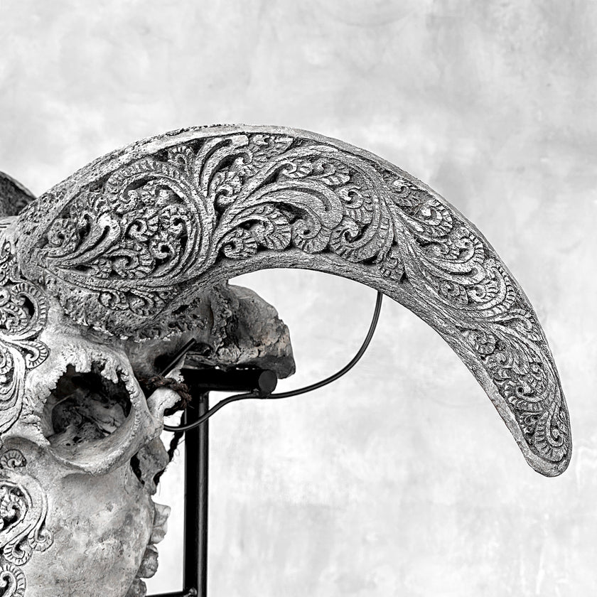Grey Ram Skull Carved Horns with Infinity motif on stand - Skull,A/164