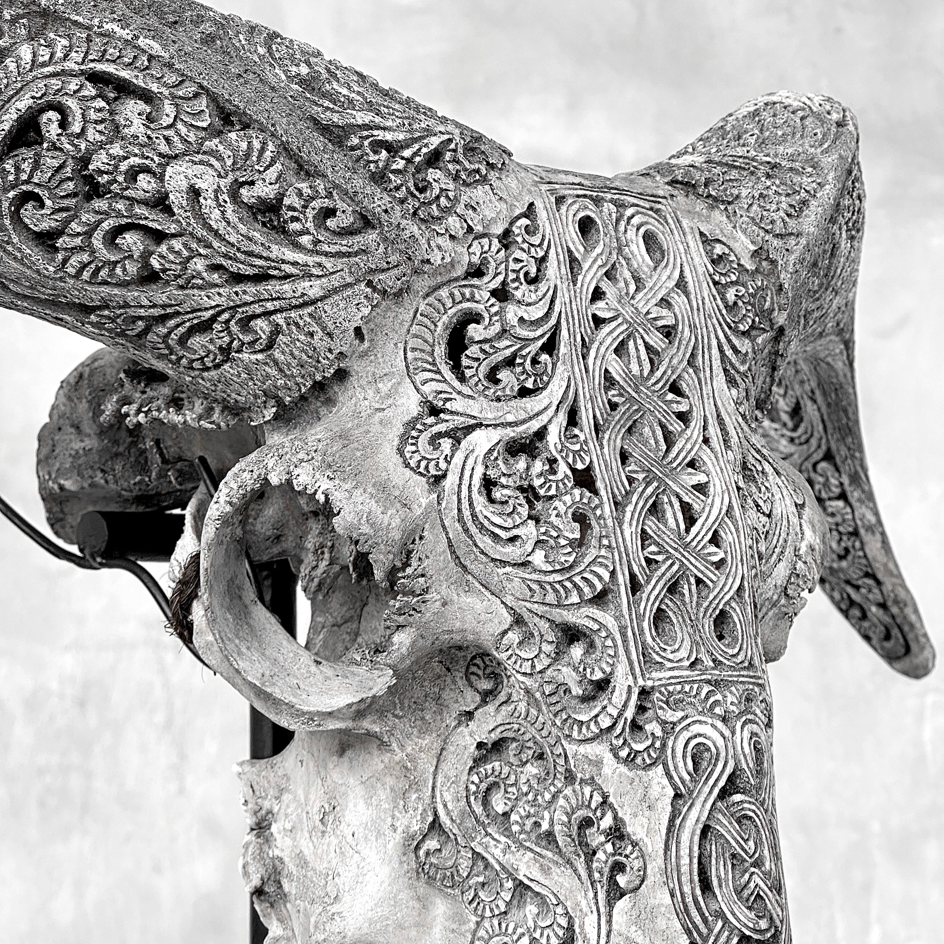 Grey Ram Skull Carved Horns with Infinity motif on stand - Skull,A/164