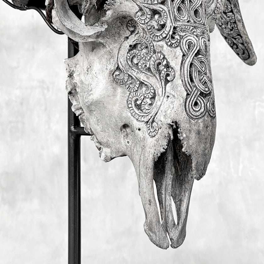 Grey Ram Skull Carved Horns with Infinity motif on stand - Skull,A/164