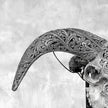 Grey Ram Skull Carved Horns with Infinity motif on stand - Skull,A/164
