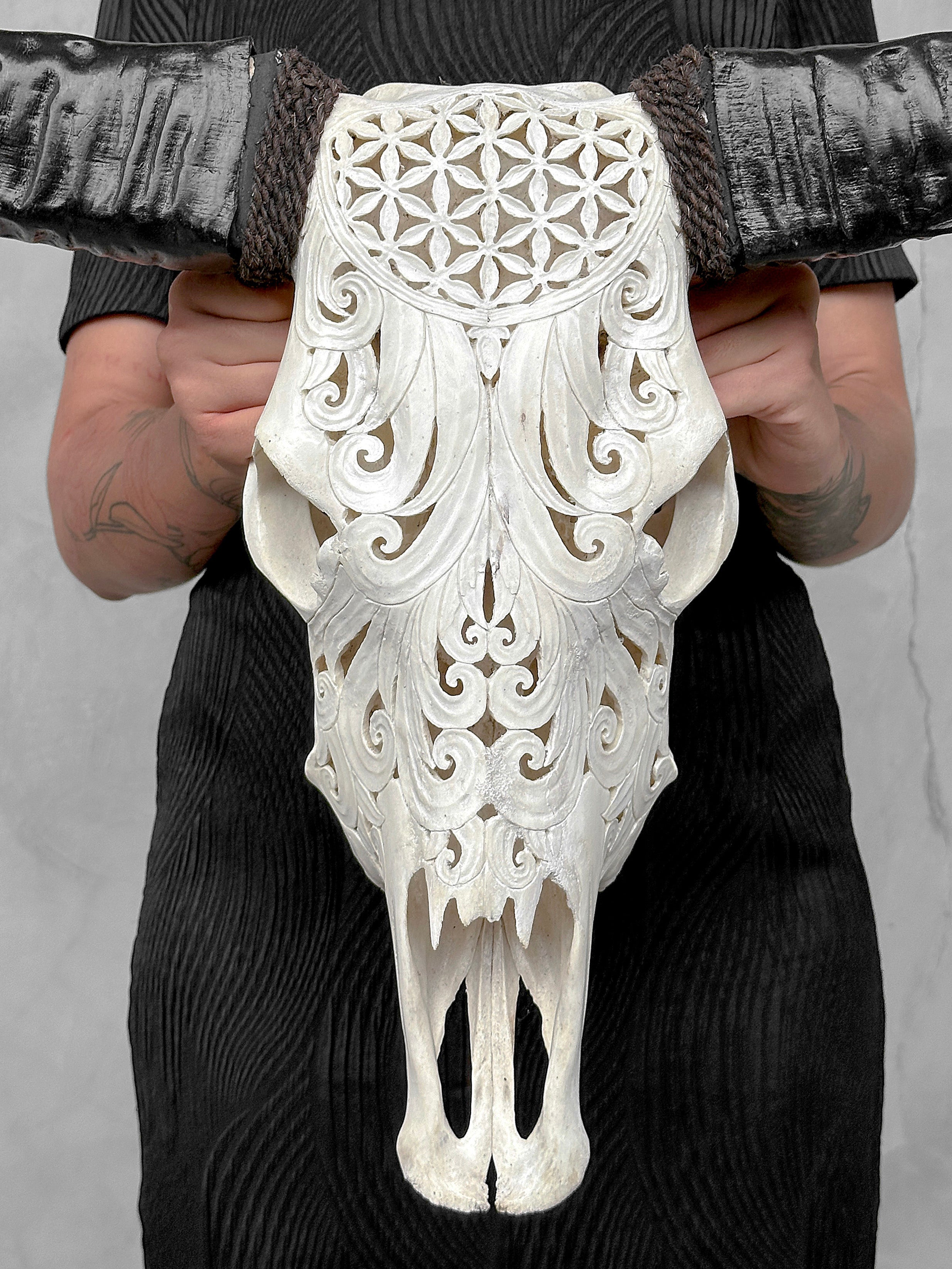 White Carved Buffalo Skulls with Flower Of Life motif | Skull,A/177