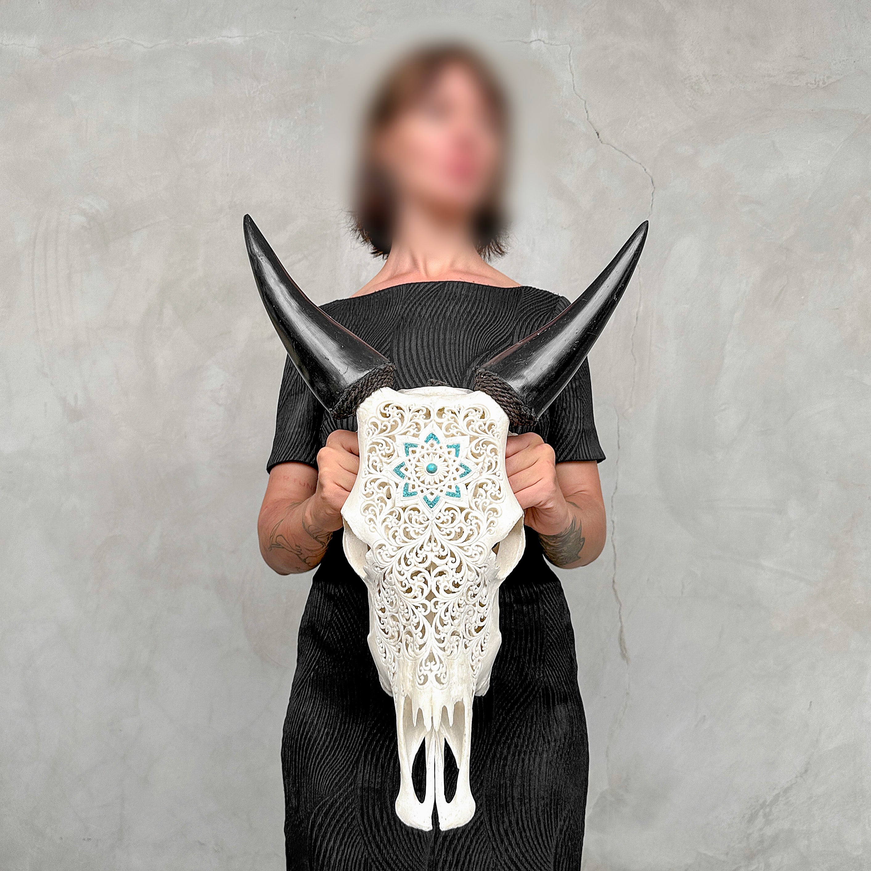 White Carved Cow Skull With Turqoise Accents - Star mandala motif | Skull,A/138