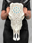White Carved Cow Skull With Turqoise Accents - Star mandala motif | Skull,A/138