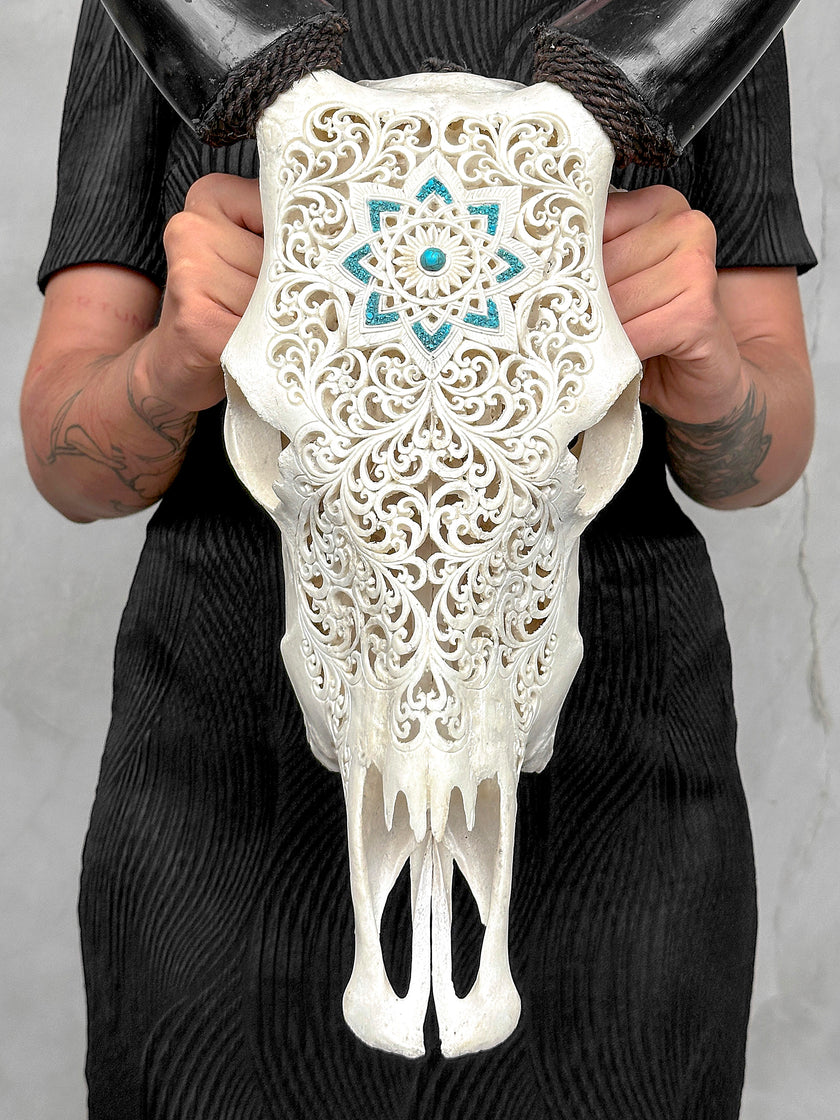 White Carved Cow Skull With Turqoise Accents - Star mandala motif | Skull,A/138
