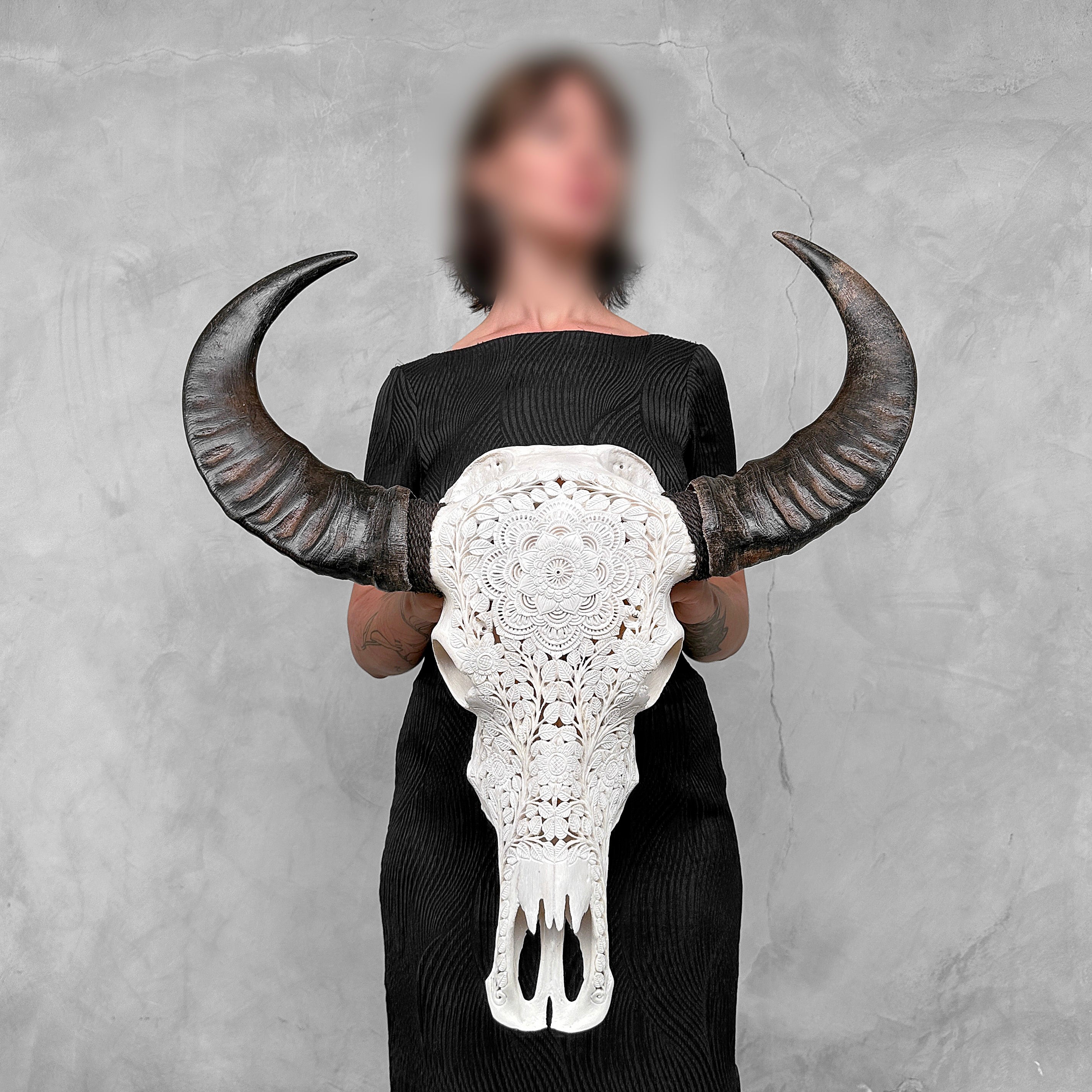 Caved Waterbuffalo Skulls with Flower Mandala Carving Skull,A/170