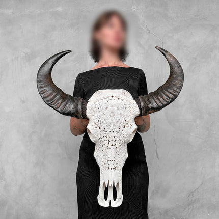 Caved Waterbuffalo Skulls with Flower Mandala Carving Skull,A/170