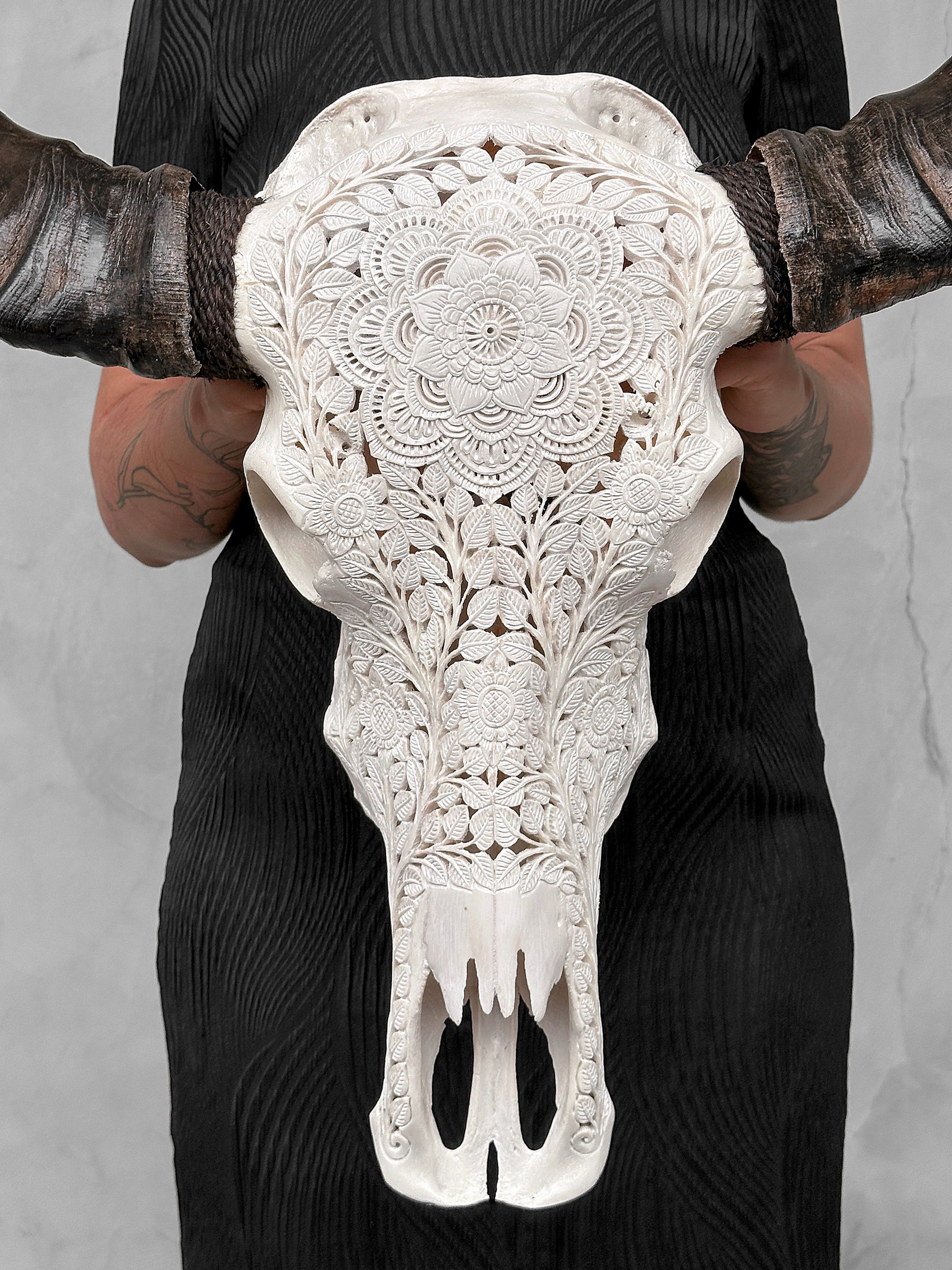 Caved Waterbuffalo Skulls with Flower Mandala Carving Skull,A/170