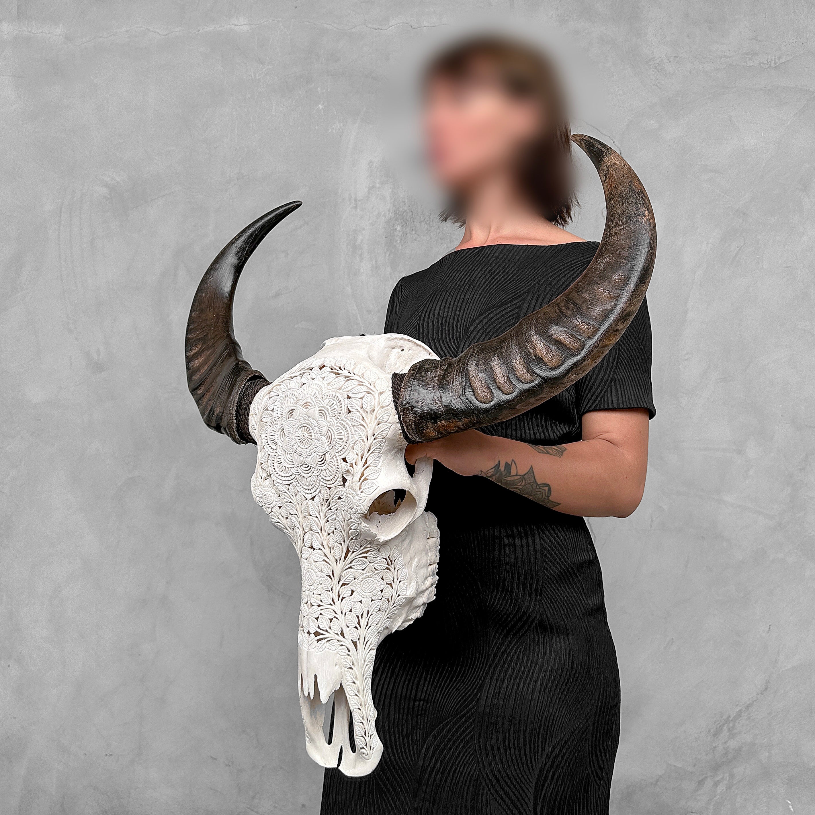 Caved Waterbuffalo Skulls with Flower Mandala Carving Skull,A/170