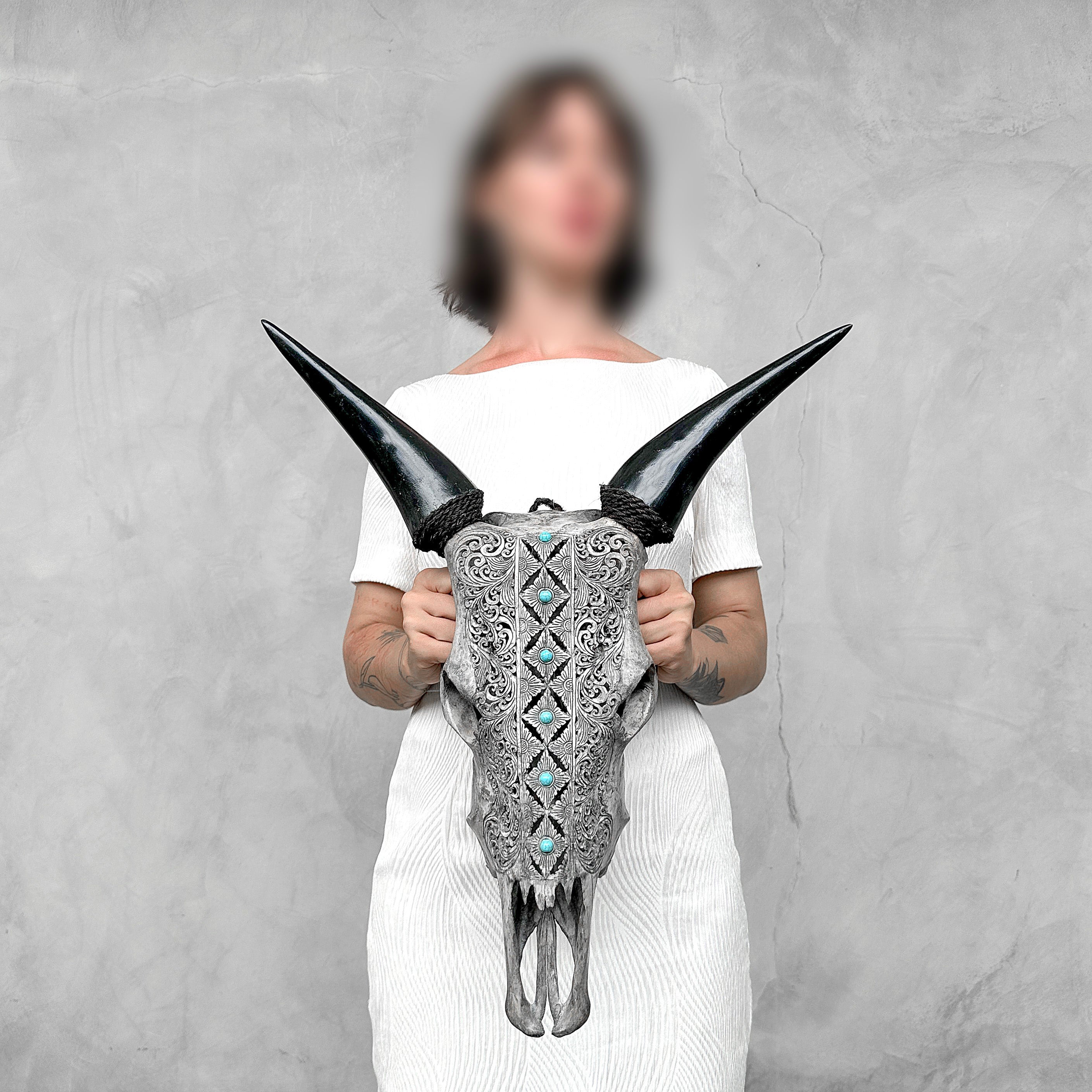 Grey Carved Cow Skull With Turqoise Accents - Ketupat motif | Skull,A/139