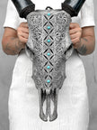 Grey Carved Cow Skull With Turqoise Accents - Ketupat motif | Skull,A/139