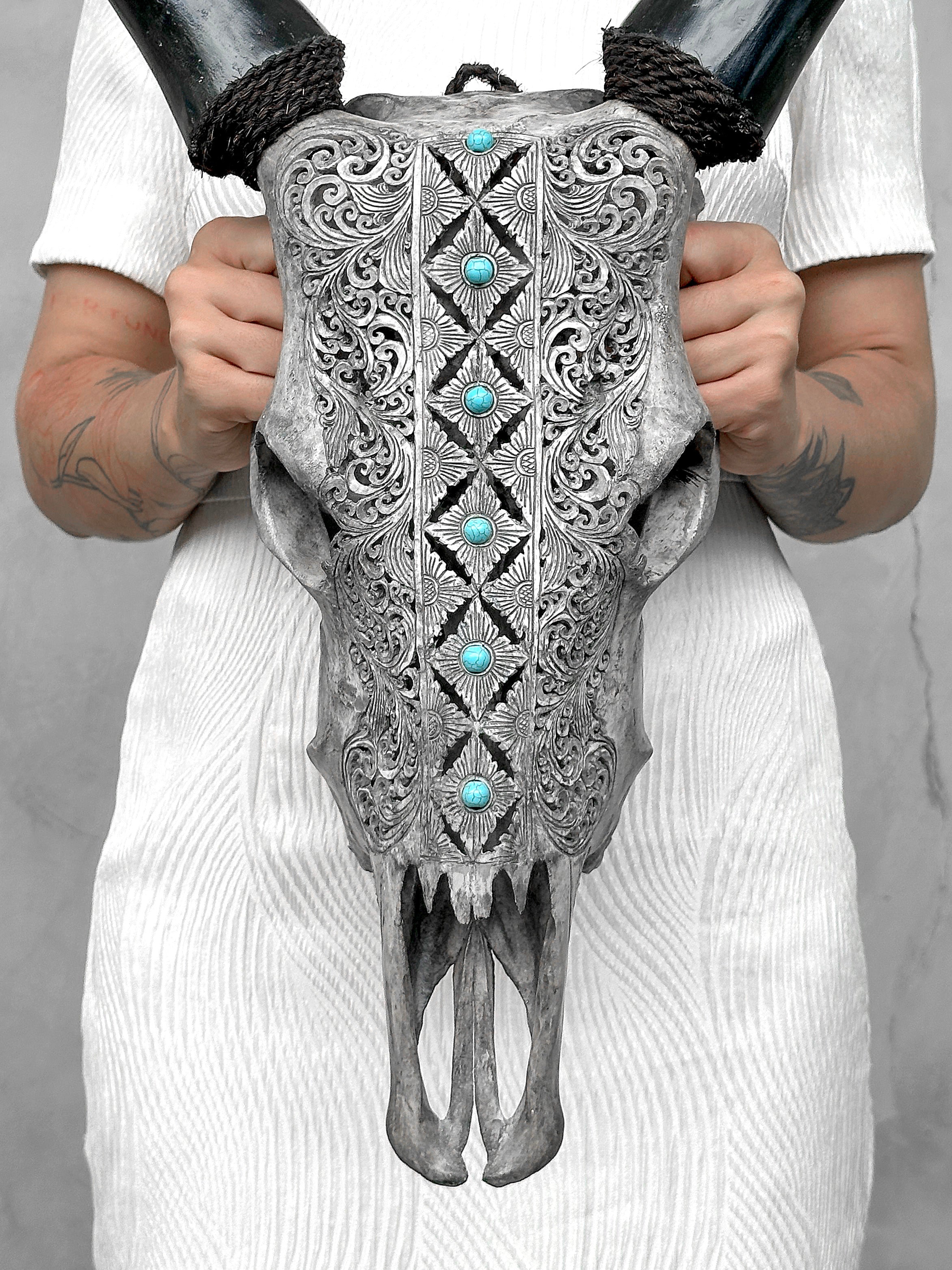 Grey Carved Cow Skull With Turqoise Accents - Ketupat motif | Skull,A/139