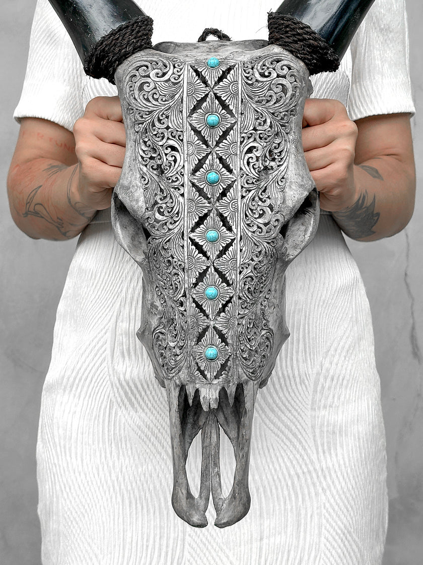 Grey Carved Cow Skull With Turqoise Accents - Ketupat motif | Skull,A/139