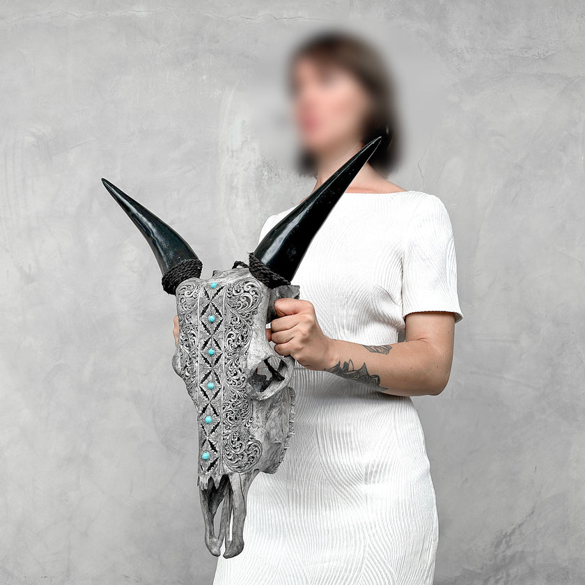 Grey Carved Cow Skull With Turqoise Accents - Ketupat motif | Skull,A/139