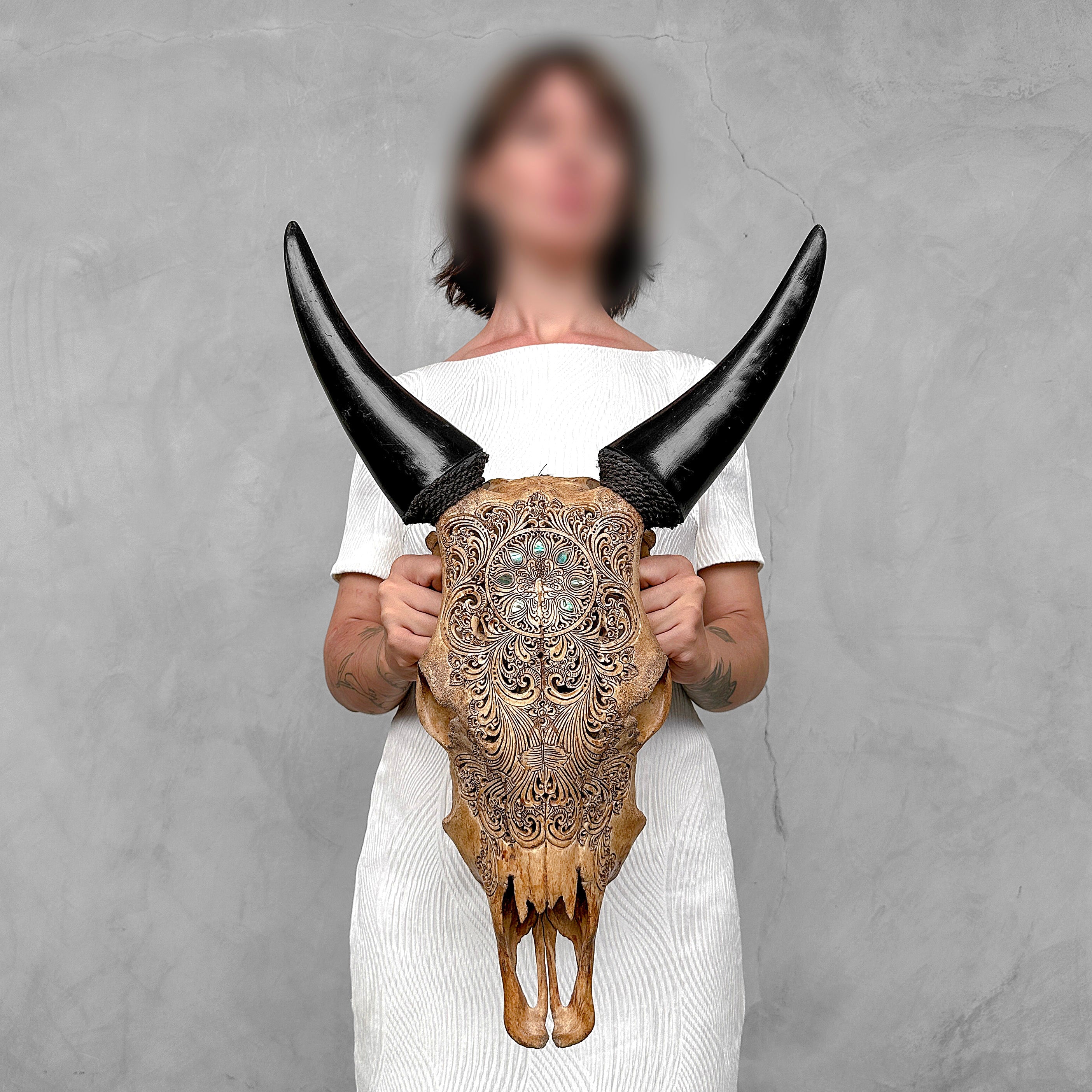 Brown Carved Cow Skull With Abalone Shell Accents - Peacock motif | Skull,A/145