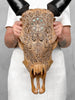Brown Carved Cow Skull With Abalone Shell Accents - Peacock motif | Skull,A/145