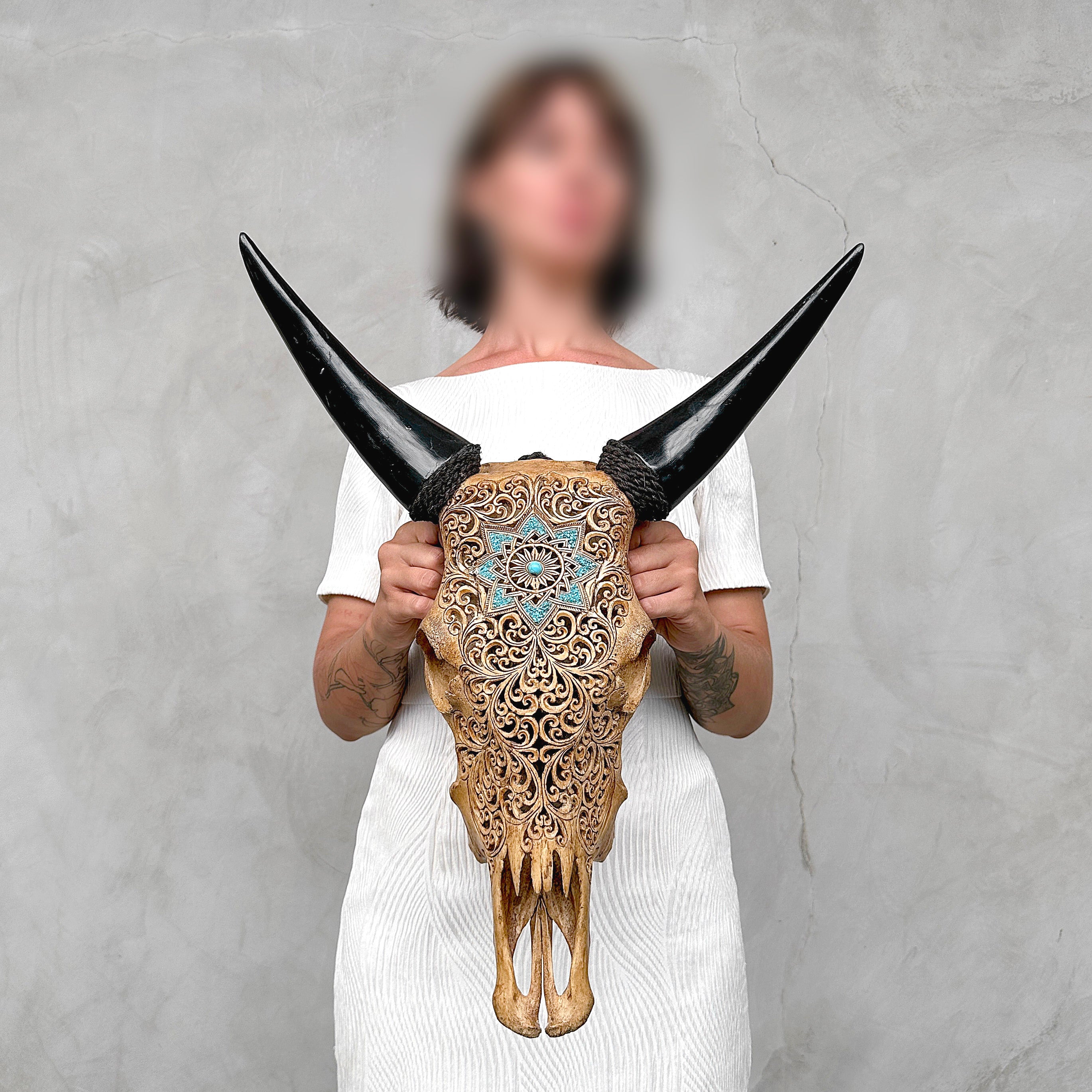 Brown Carved Cow Skull With Turqoise Accents - Star Mandala motif | Skull,A/142