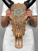 Brown Carved Cow Skull With Turqoise Accents - Star Mandala motif | Skull,A/142