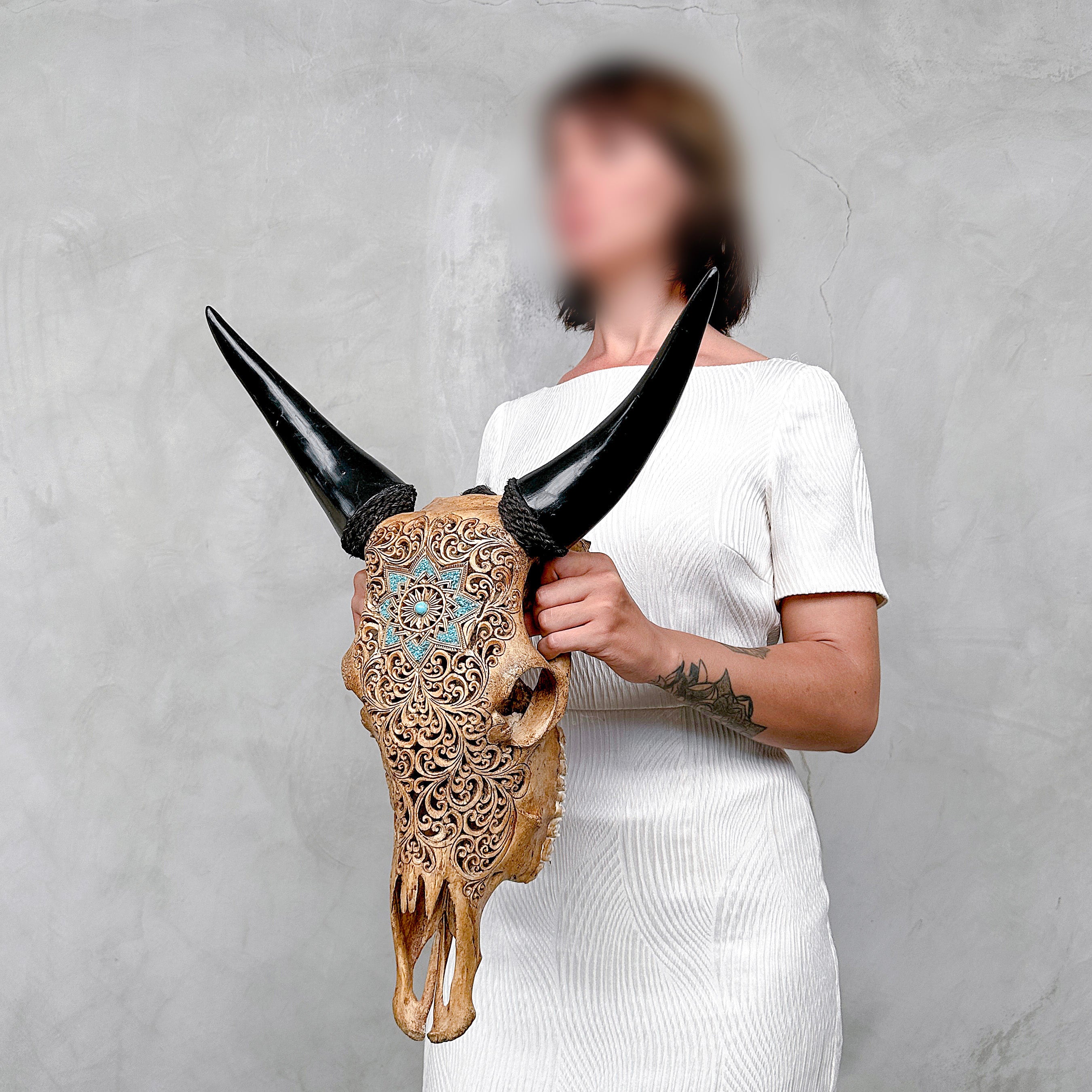 Brown Carved Cow Skull With Turqoise Accents - Star Mandala motif | Skull,A/142